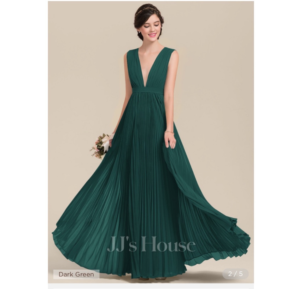 JJ’s House A-Line V-Neck Floor Length Pleated Bridesmaid Dress Dark Green